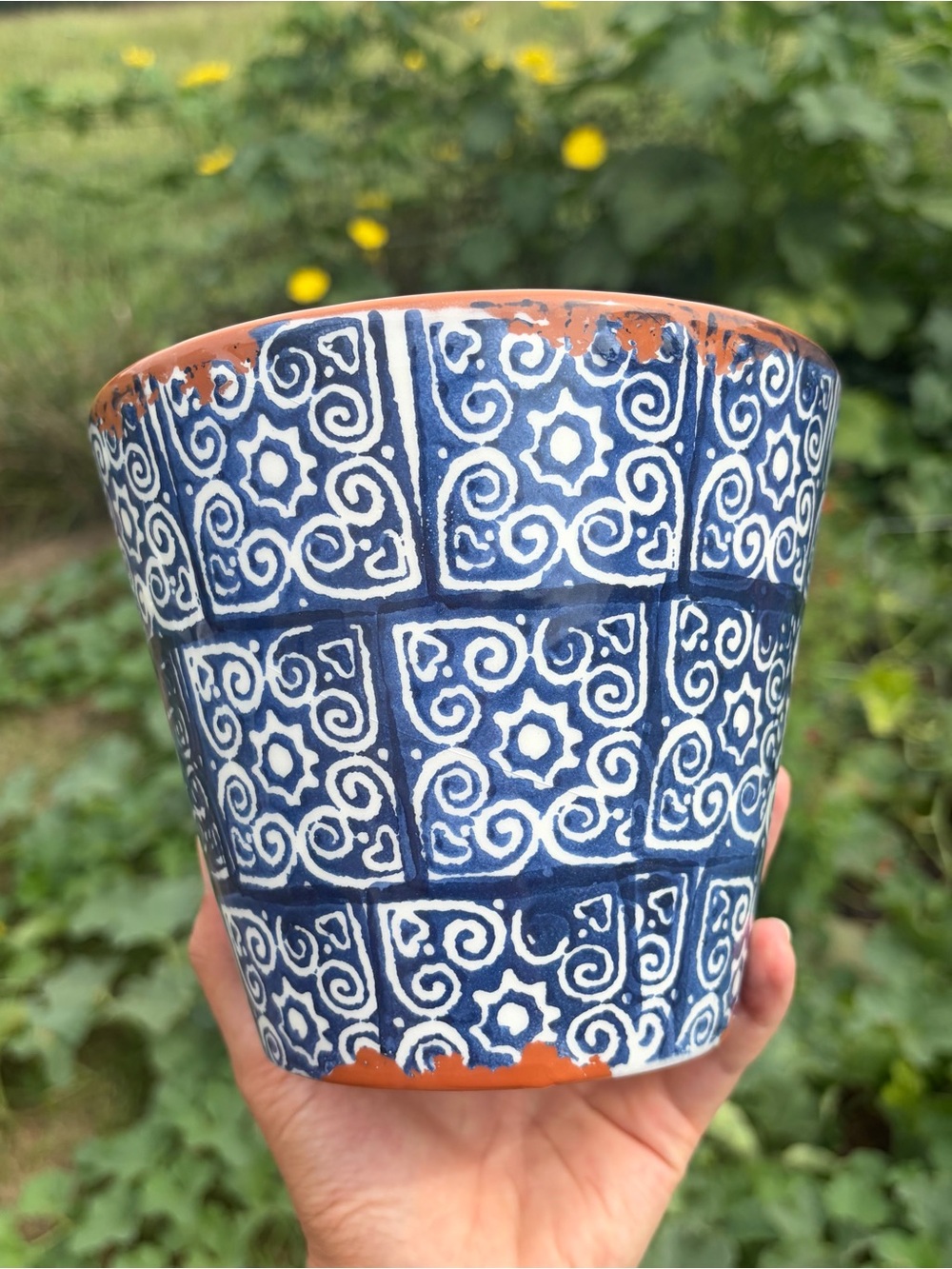 Mud Pie Blue White Tile Geometric Design Ceramic Planter Plant Pot Portugal 6”